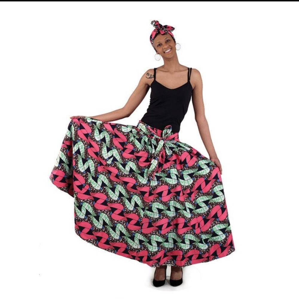 African Print Ankara Maxi Long Skirt - Pink & Gree